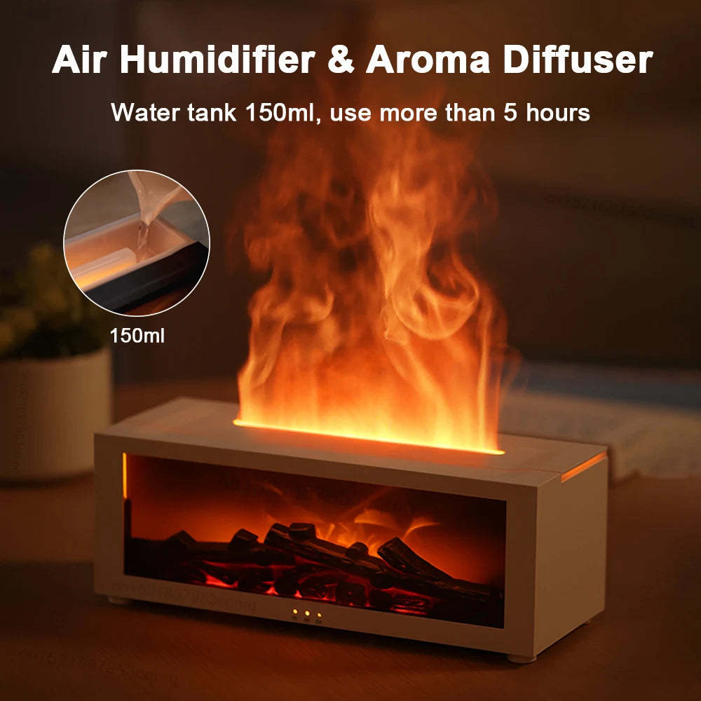 Flame aromatherapy diffuser producing 3D firelight mist for relaxation and calm ambience