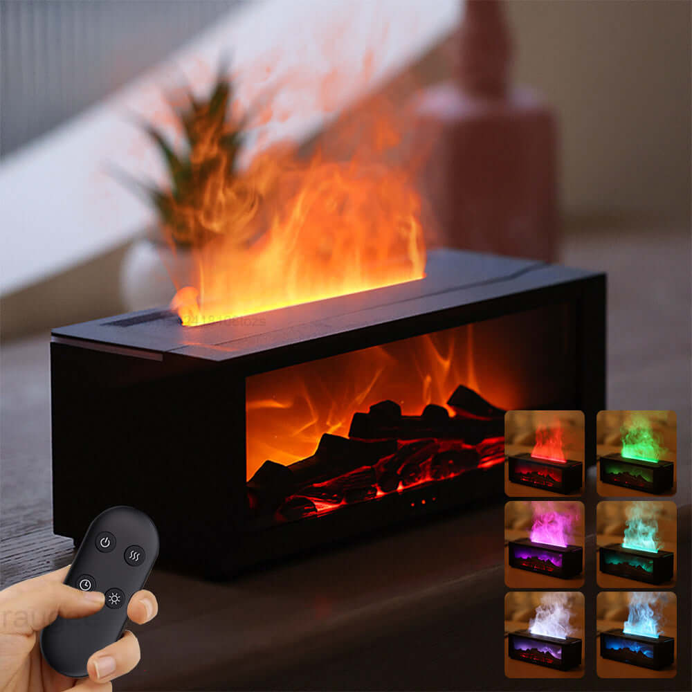 Flame aromatherapy diffuser producing 3D firelight mist for relaxation and calm ambience