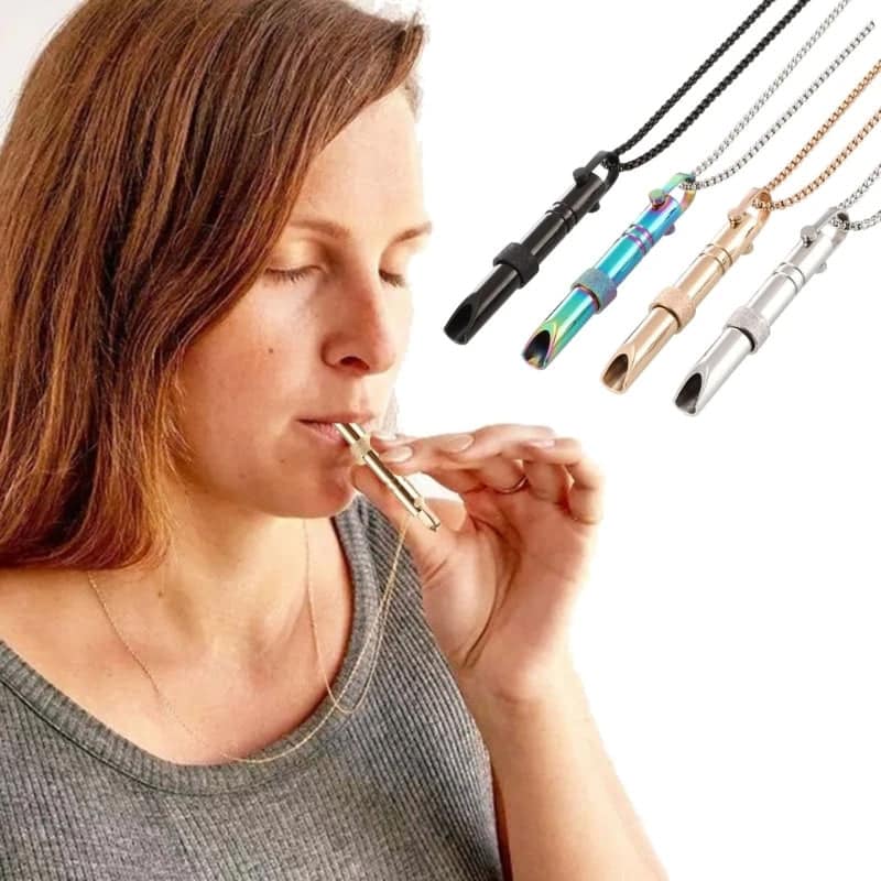 Person using breathing necklace to slow breathing and release stress