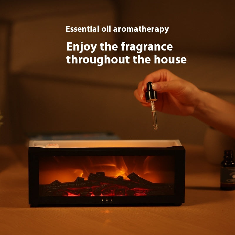 Flame aromatherapy diffuser producing 3D firelight mist for relaxation and calm ambience