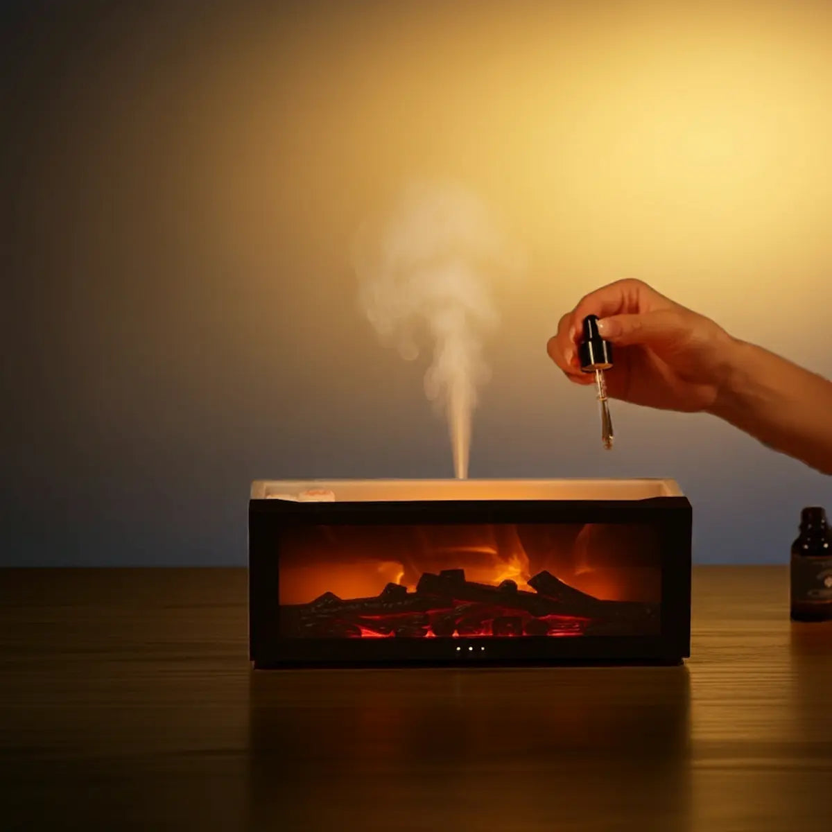 Flame aromatherapy diffuser producing 3D firelight mist for relaxation and calm ambience