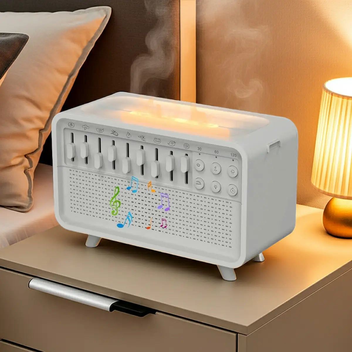 Sleep therapy station combining white noise, mist, light, and scent for deep relaxation and rest